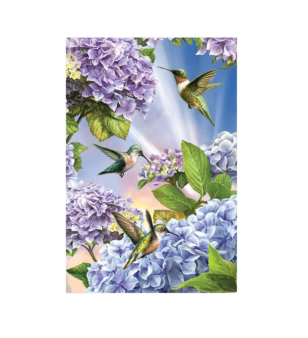 Hummingbirds and Hydrangeas Garden Suede Flag