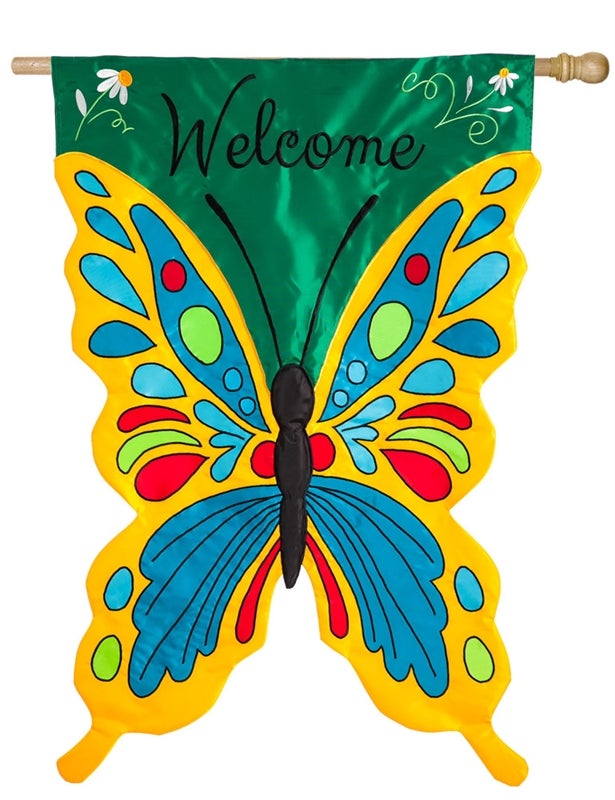 Colorful Welcome Sculpted Butterfly Applique House Flag