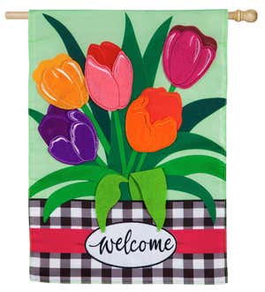 Welcome Spring Tulips House Applique Flag