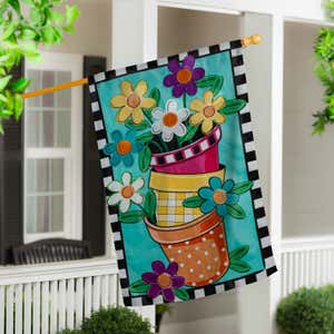 Stacked Spring Flower Pots House Applique Flag