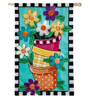 Stacked Spring Flower Pots House Applique Flag