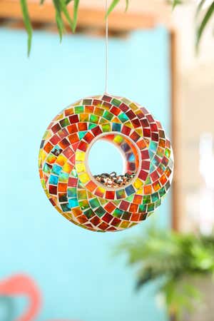 9.25"D Acrylic Circle Feeder, Rainbow Mosaic Glass