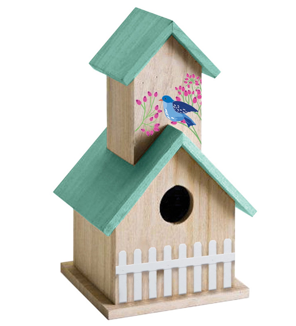 Wood Bird House with Raised Metal Fence, Blue Bird