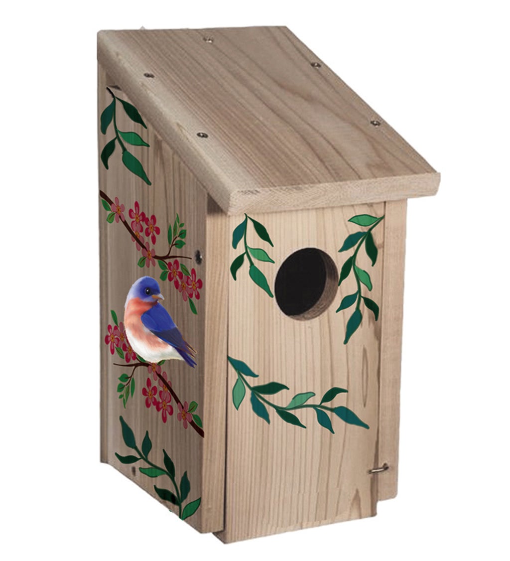 Wood Bird House with Bluebird and Red Flowers
