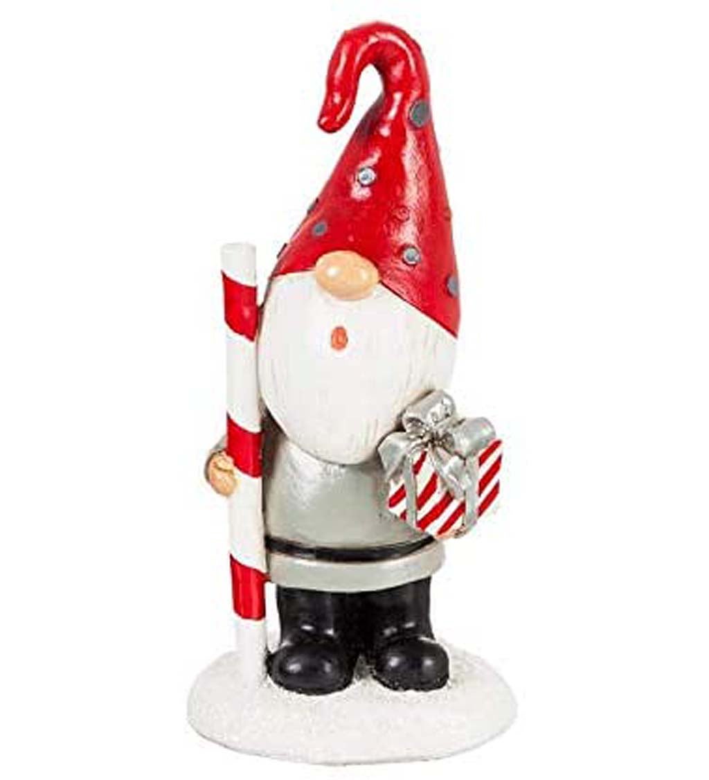 Red Polka Dot Hat Holiday Gnome with Presents Garden Statuary
