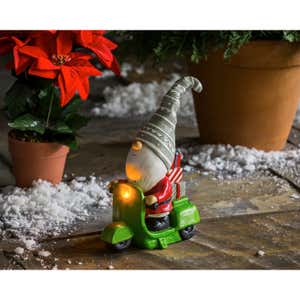 LED Battery Operated Holiday Gnome Driving Motorcycle Garden Statuary