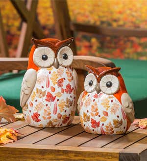 Set of 2 Ceramic Fall Harvest Owl Garden Statuary