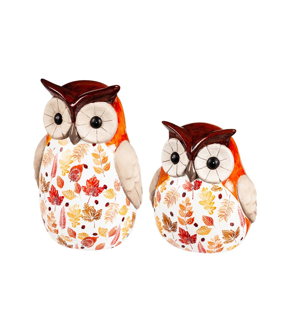 Set of 2 Ceramic Fall Harvest Owl Garden Statuary