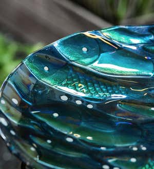 18" Hand Painted Embossed Glass Birdbath, Metallic Fish