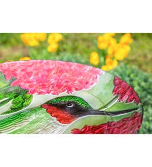 18" Hand Painted Embossed Glass Bird Bath, Hummingbird with Red Lupine Florals