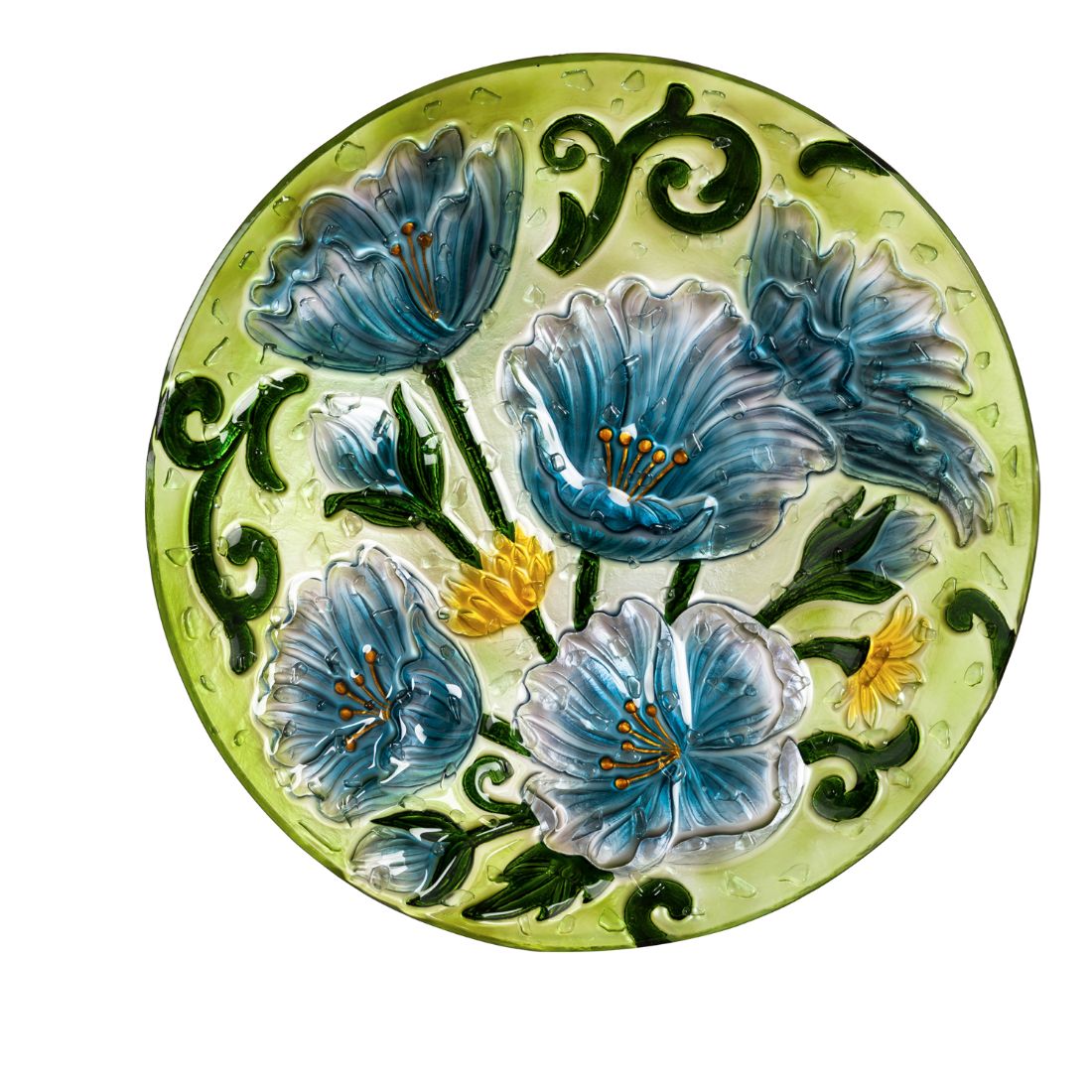 18" Hand Painted Bird Bath with Crushed Glass, Blue Poppies