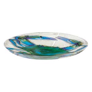 18" Hand Painted Embossed Glass Bird Bath, Blue Crab