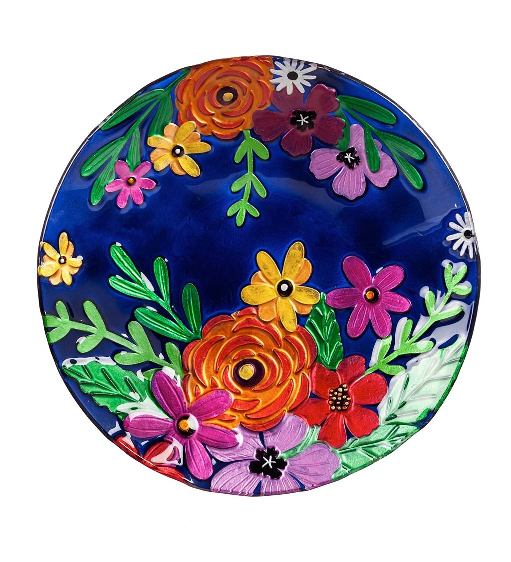 18" Hand Painted Embossed Glass Bird Bath, Bright Florals