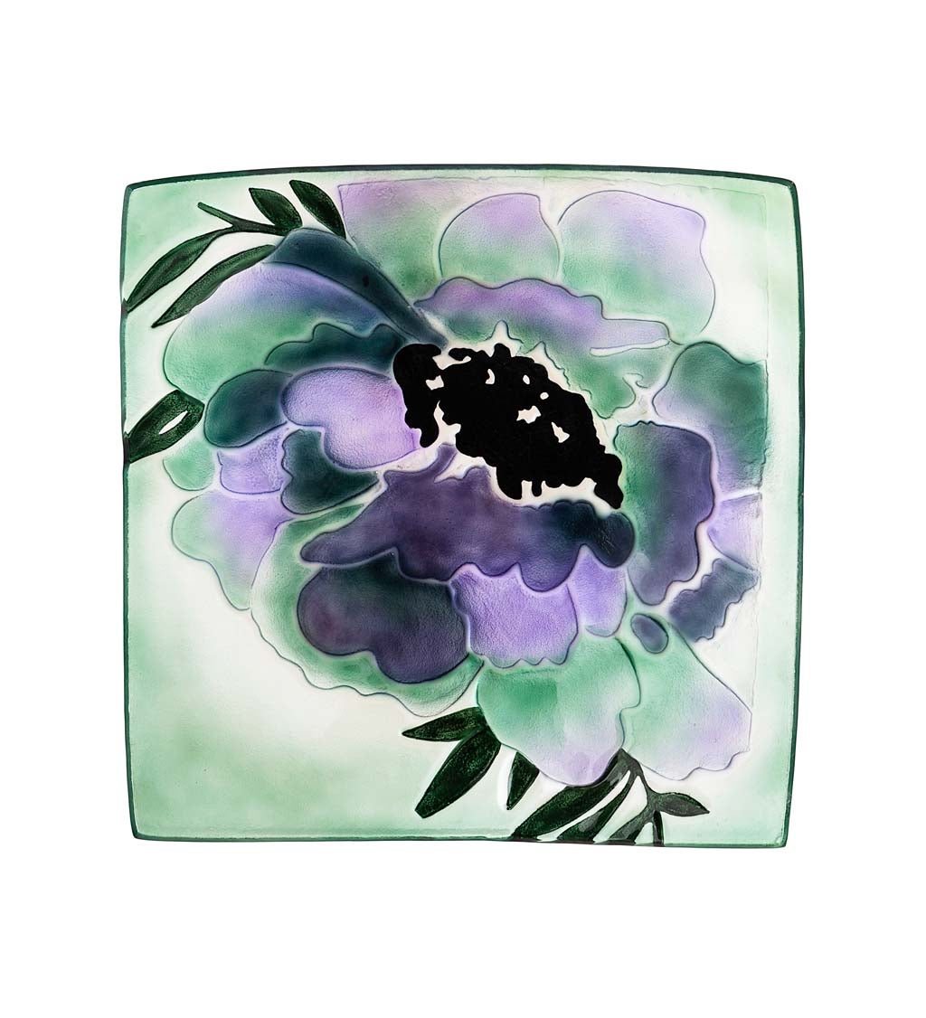 16.5" Hand Painted Embossed Square Glass Bird Bath, Purple Geranium