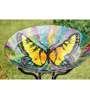 18" Hand Painted Glass Bird Bath with Oil Paint Finish, Butterfly