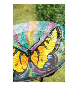 18" Hand Painted Glass Bird Bath with Oil Paint Finish, Butterfly