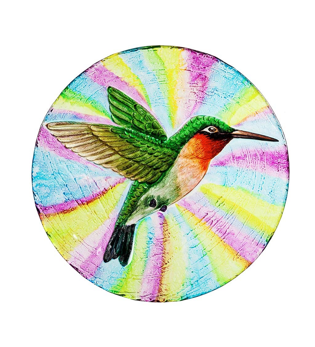 18" Hand Painted Glass Bird Bath with Oil Paint Finish, Hummingbird