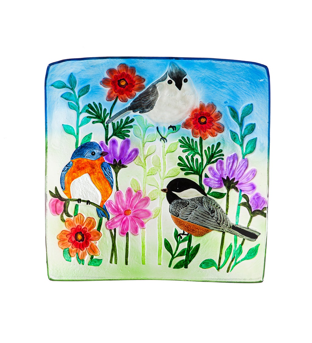 16.5" Hand Painted Embossed Square Glass Birdbath, Trio of Birds