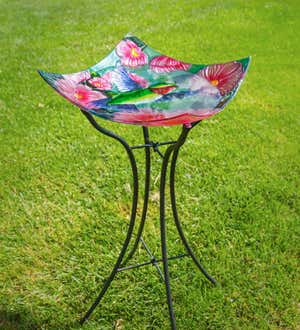 16.5" Hand Painted and Embossed Square Birdbath, Hummingbird with Flowers