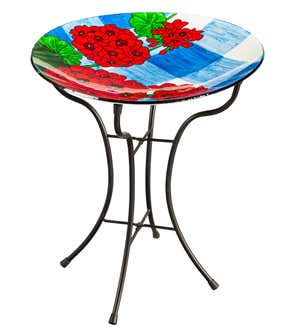 16" Glass Birdbath with Stand, Plaid Geraniums