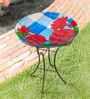 16" Glass Birdbath with Stand, Plaid Geraniums