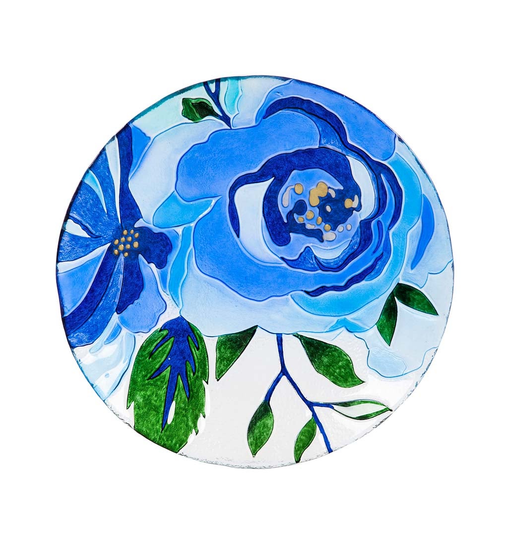 Blue Floral Blossom Glass Bird Bath Bowl