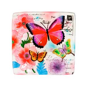 16.5" Hand Painted Embossed Square Glass Bird Bath, Butterfly Prints