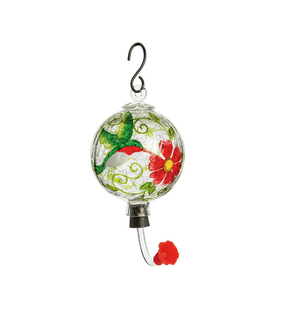 Painted Glass Hummingbird Feeder with Crackle Effect, Hummingbird