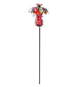 25.75"H Staked Glass and Metal Printed Flower Hummingbird Feeder, Red