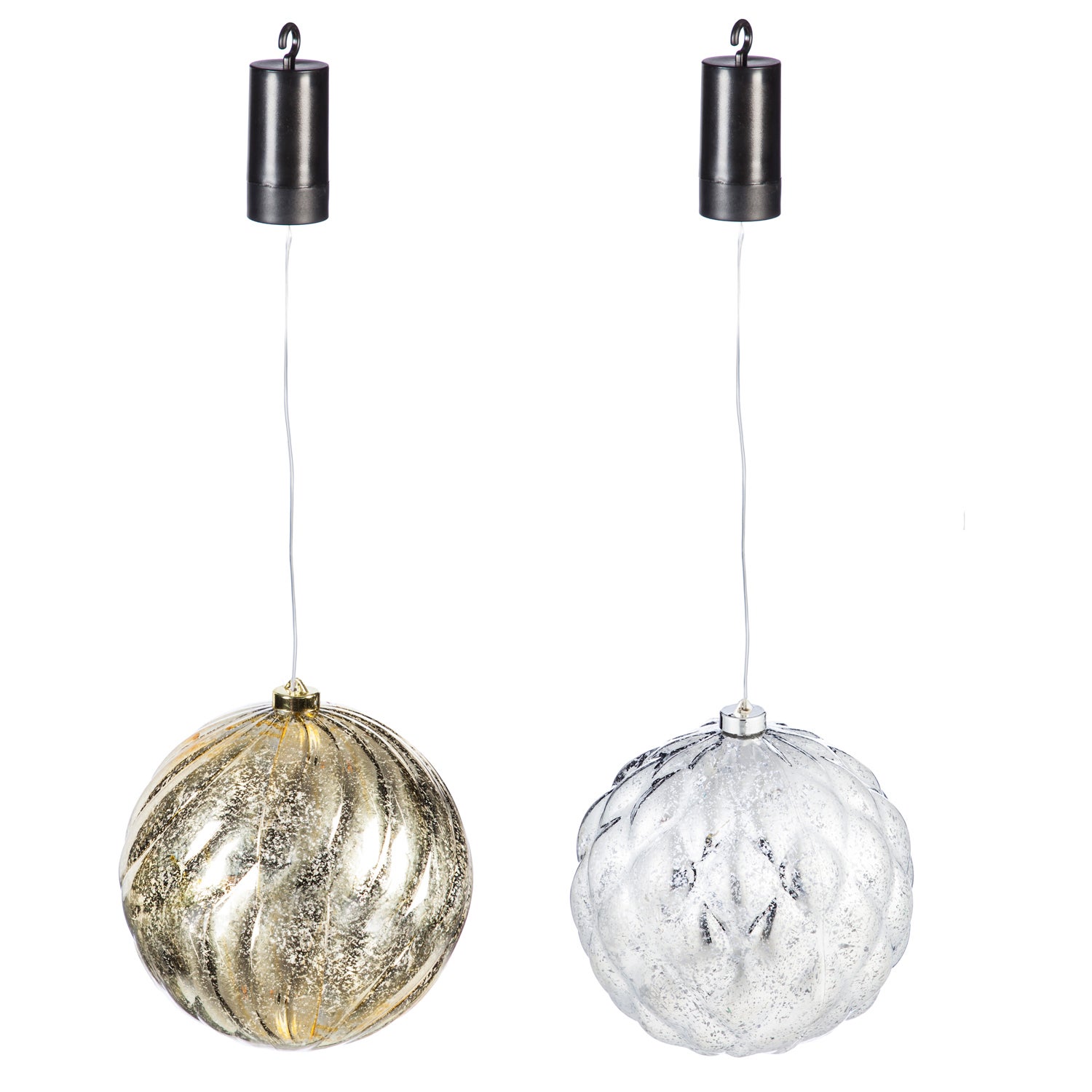 Gold and Silver 8" Shatterproof Outdoor-Safe Battery Operated LED Round Acrylic Ornaments, Set of 2