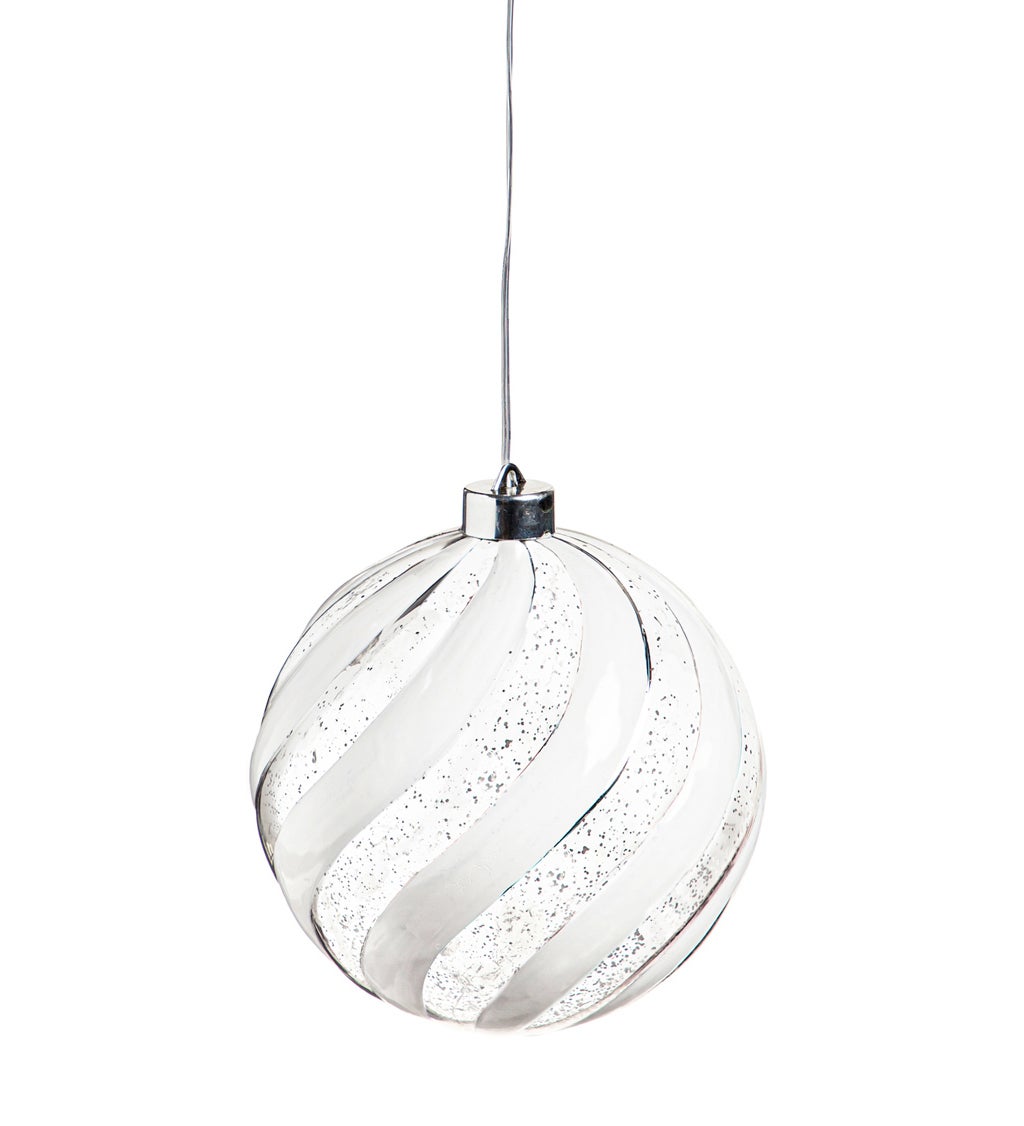 6" Shatterproof Outdoor Safe Battery Operated LED Ornament, Silver and White Wavy Stripe Finial