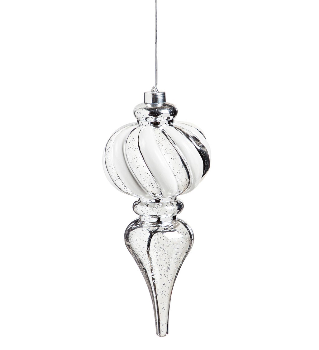 11"H Finial Shatterproof Battery Operated White Twinkling Light Ornament, Silver and White