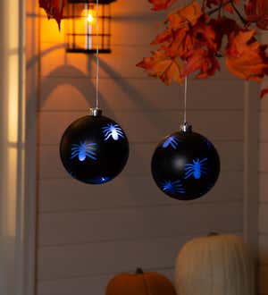 6" Shatterproof Battery Operated LED Ornament with Spiders, Black, Set of 2