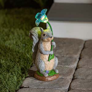 Squirrel Garden Statue w/LED Acrylic Flower, Battery Operated