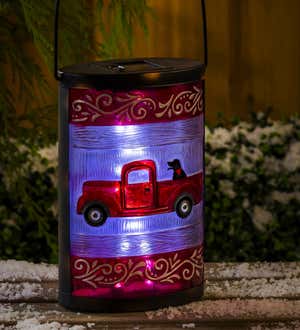 Handpainted Solar Glass Lantern, Holiday Red Truck