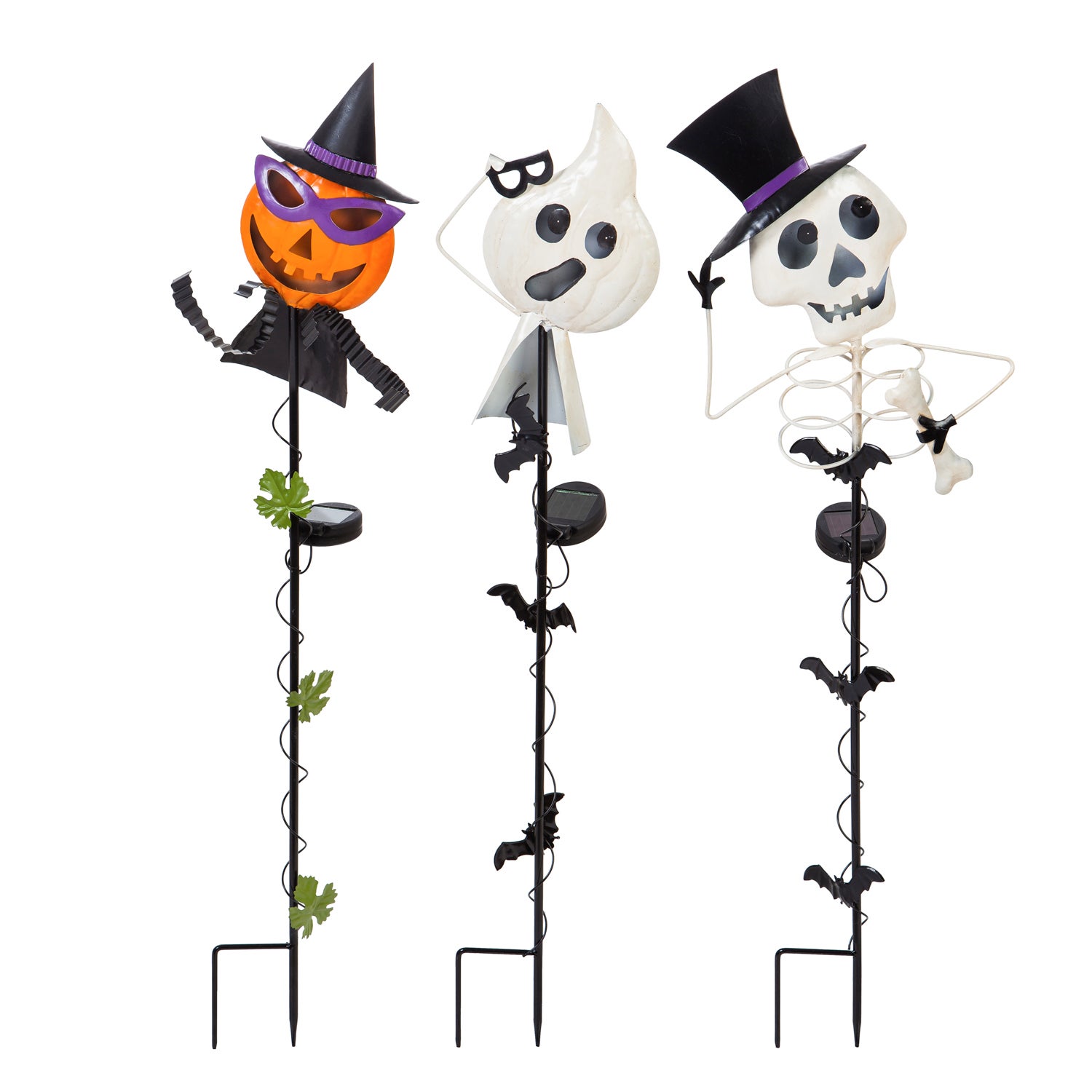 Halloween Characters 34"H Metal and Acrylic Solar Garden Stakes, Set of 3