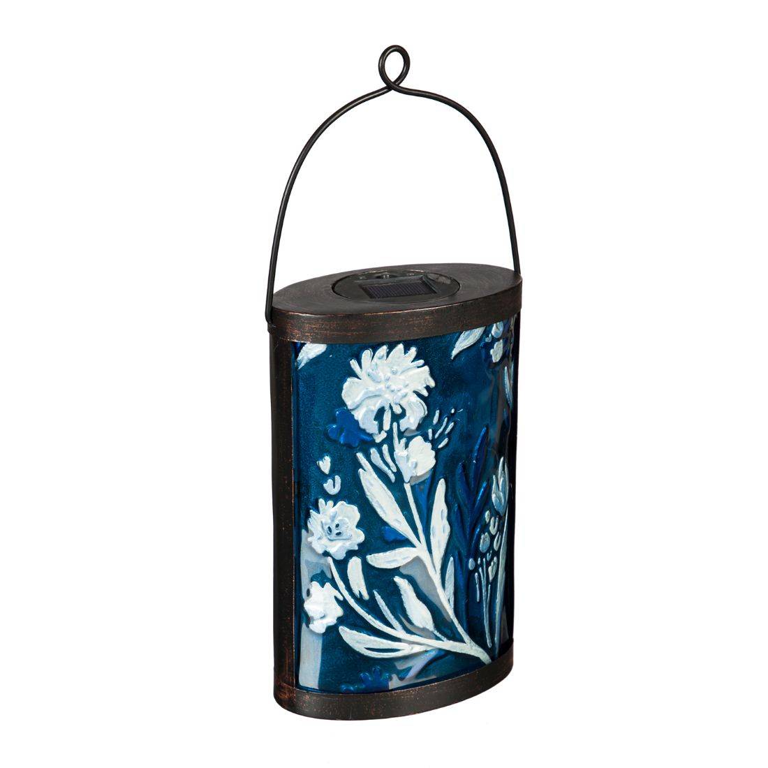 Hand Painted Solar Glass Lantern, Blue and White Flowers