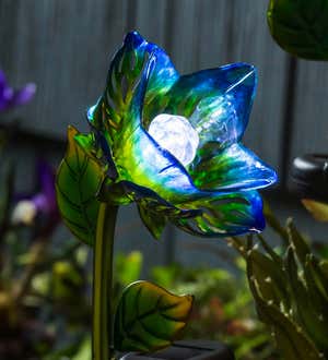 Solar Glass and Metal Flower Plant Pick, Blue&Green