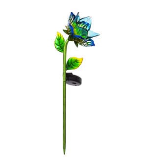 Solar Glass and Metal Flower Plant Pick, Blue&Green