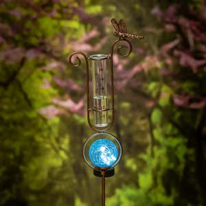 Dragonfly Blue Solar Rain Gauge Garden Stake