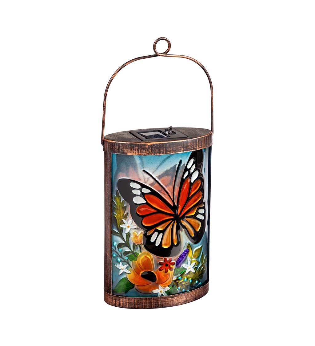 Handpainted Solar Glass Lantern, Florals and Monarch Butterfly