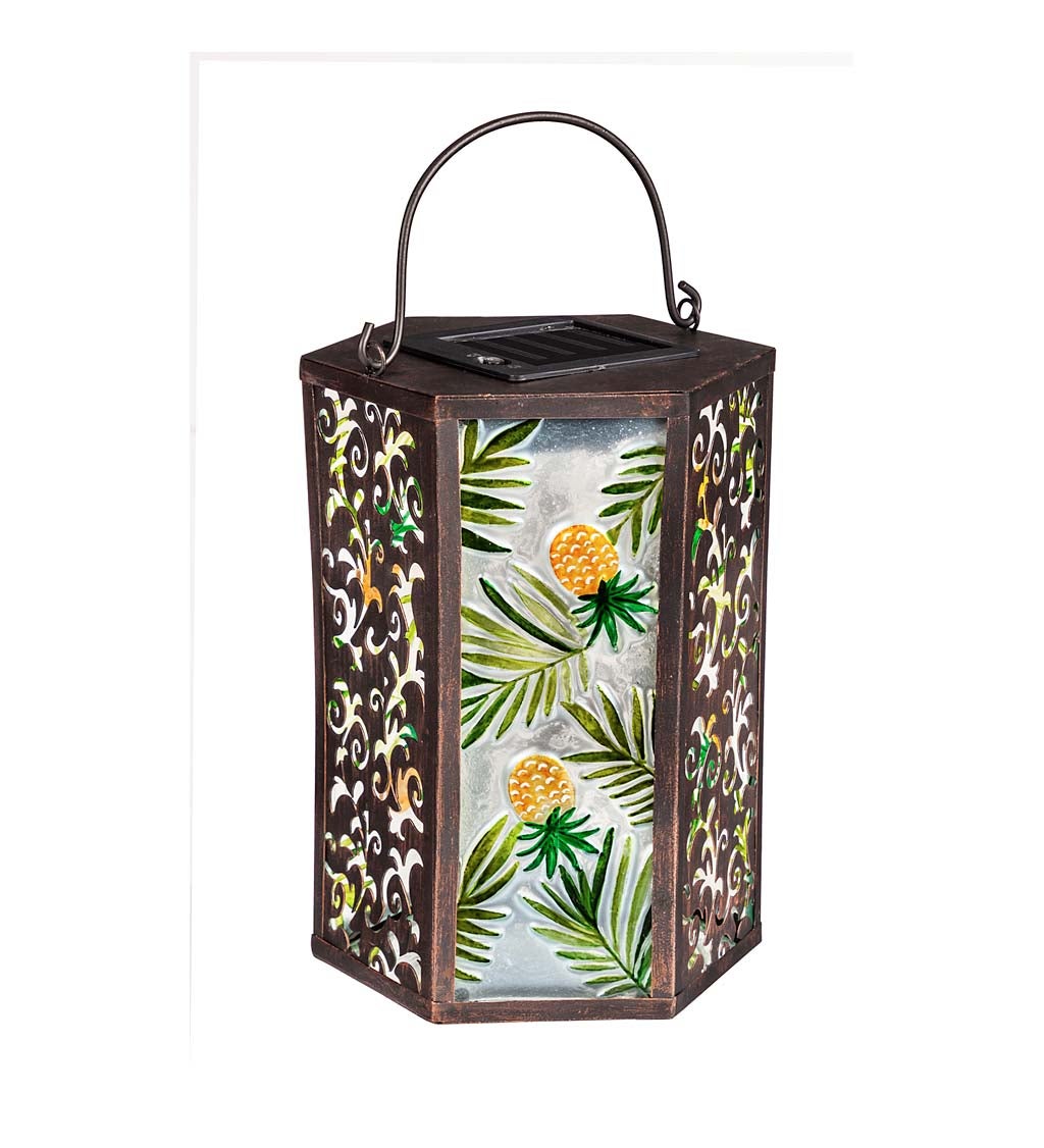 Handpainted Embossed Glass and Metal Solar Lantern, Tropical Pineapple