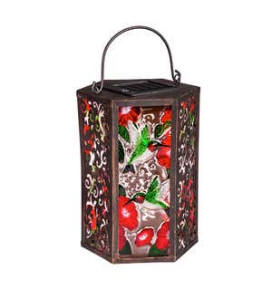 Handpainted Embossed Glass and Metal Solar Lantern, Hummingbird and Florals