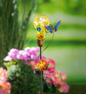 28"H Solar Twinkling Light Garden Stake, Yellow Cracked Glass Bulb