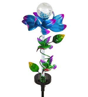 32"H Solar Light Movement Cracked Glass Globe Spinning Floral Garden Stake, Blue