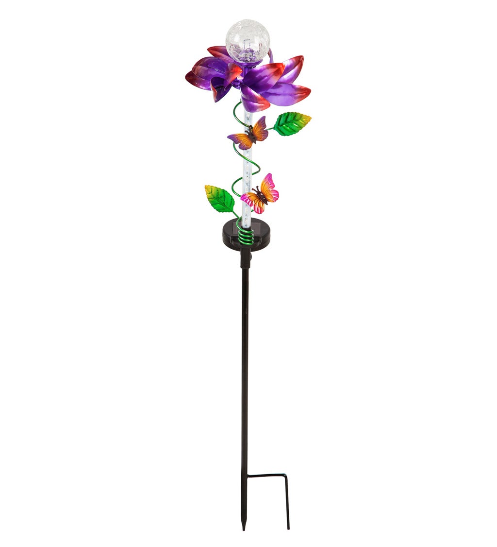 32"H Solar Light Movement Cracked Glass Globe Spinning Floral Garden Stake, Purple