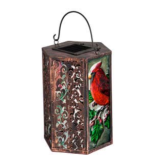Hand Painted Embossed Glass and Metal Solar Lantern, Holiday Cardinal