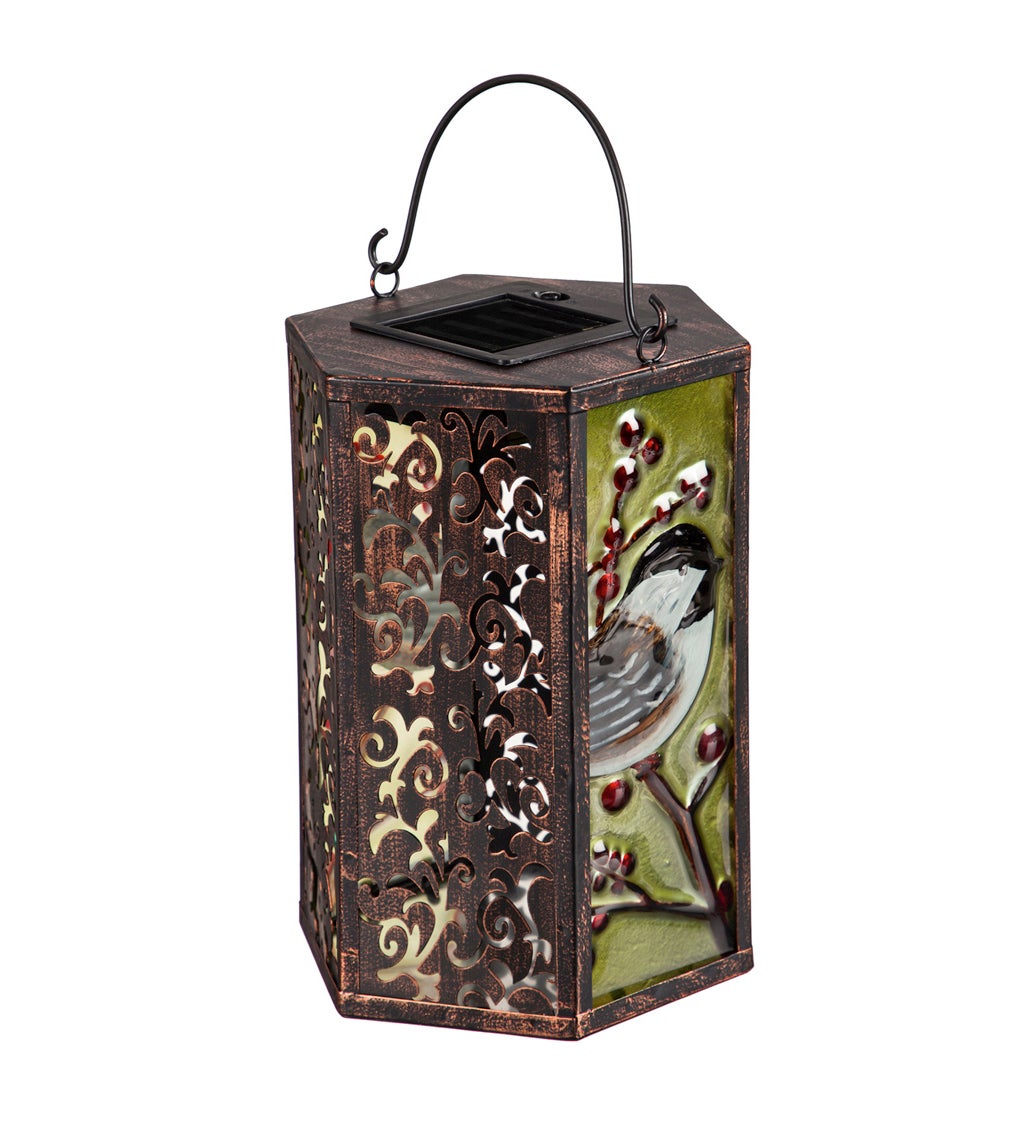 Hand Painted Embossed Glass and Metal Solar Lantern, Holiday Chickadee