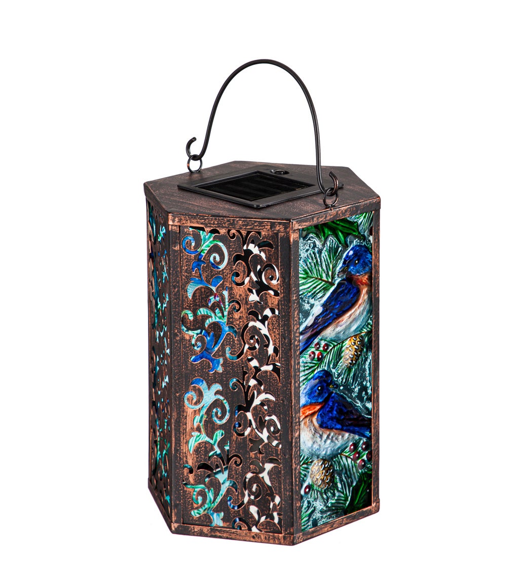 Hand Painted Embossed Glass and Metal Solar Lantern, Bluebird