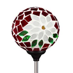 22"H Solar Poinsettia Mosaic Globe Garden Stakes, White/Green